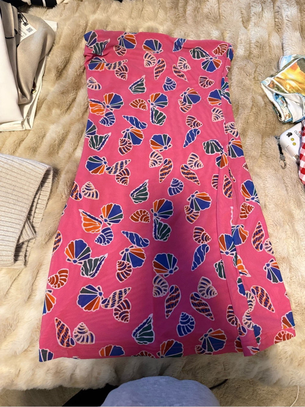 Tiger Mist Pink Strapless Shell-Print Dress